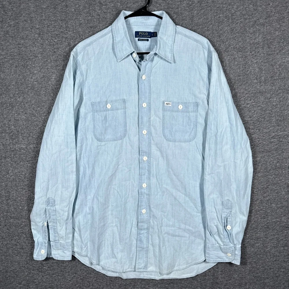 Polo Ralph Lauren Indigo Chambray Shirt Mens Large Blue Long Sleeve Utility Work